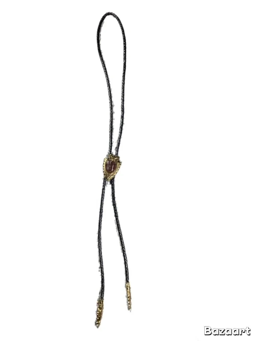 Vintage Gold Tone Arrowhead Bolo Tie Amber Stone Black Leather Cord (217)
